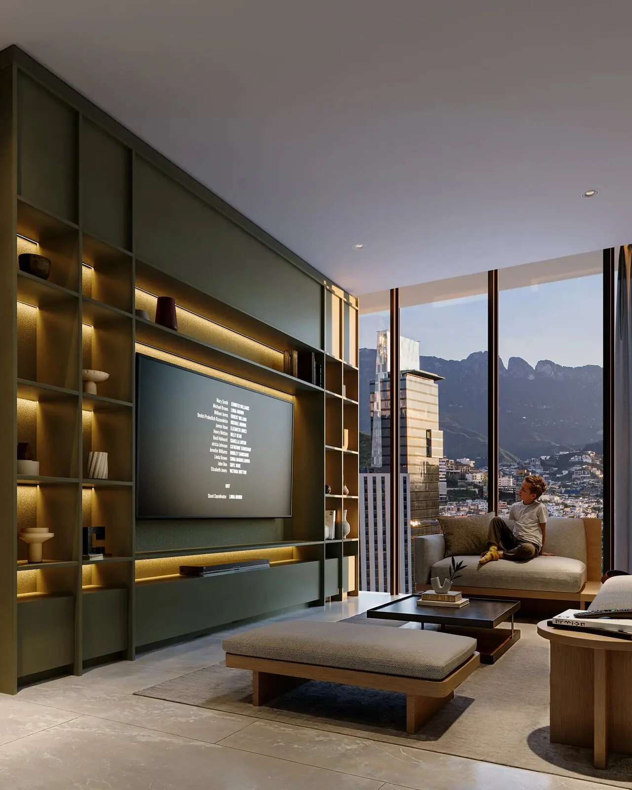 Estancia con mueble de televisión iluminado y vista a la ciudad