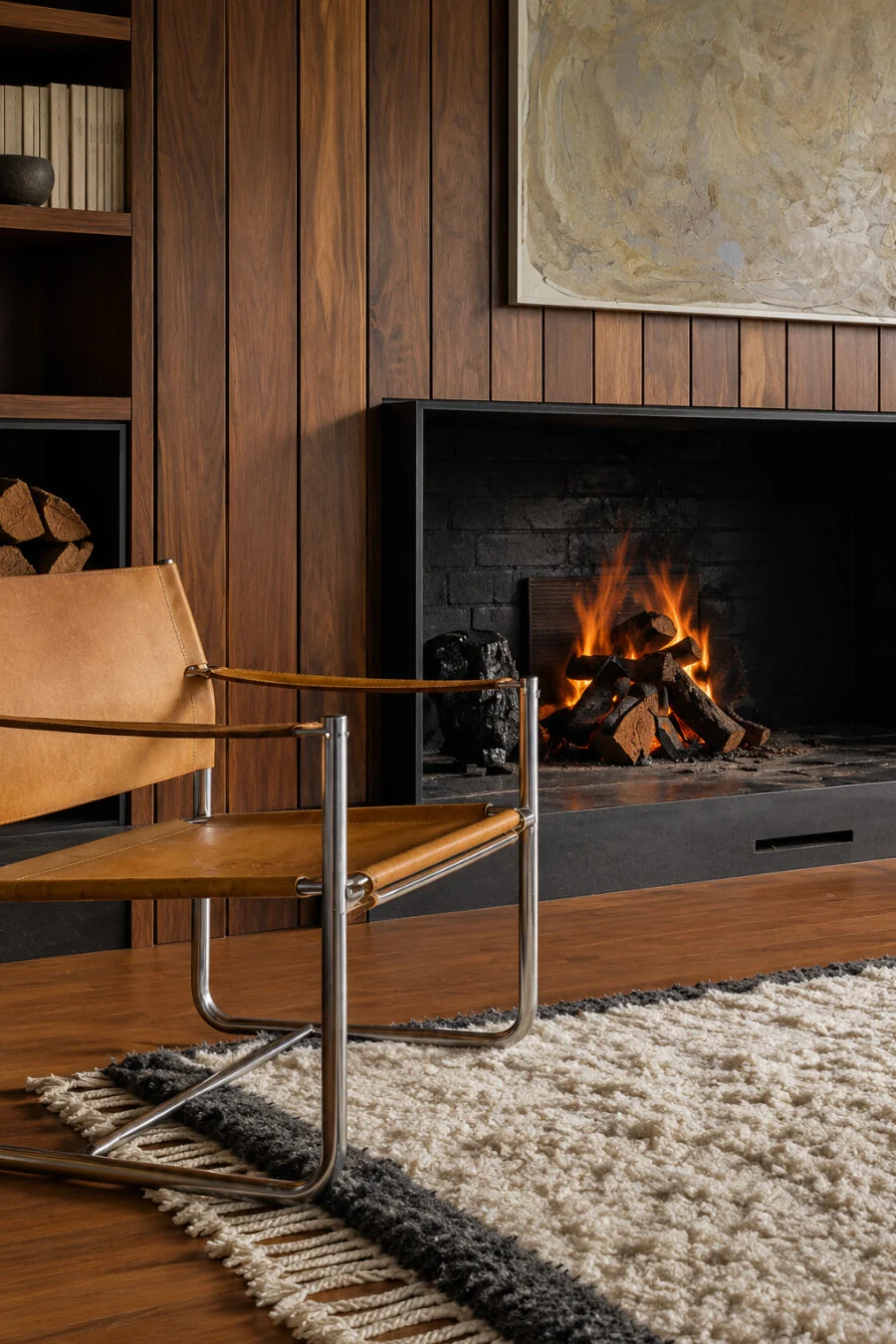 Silla de piel y acero tubular frente a una chimenea