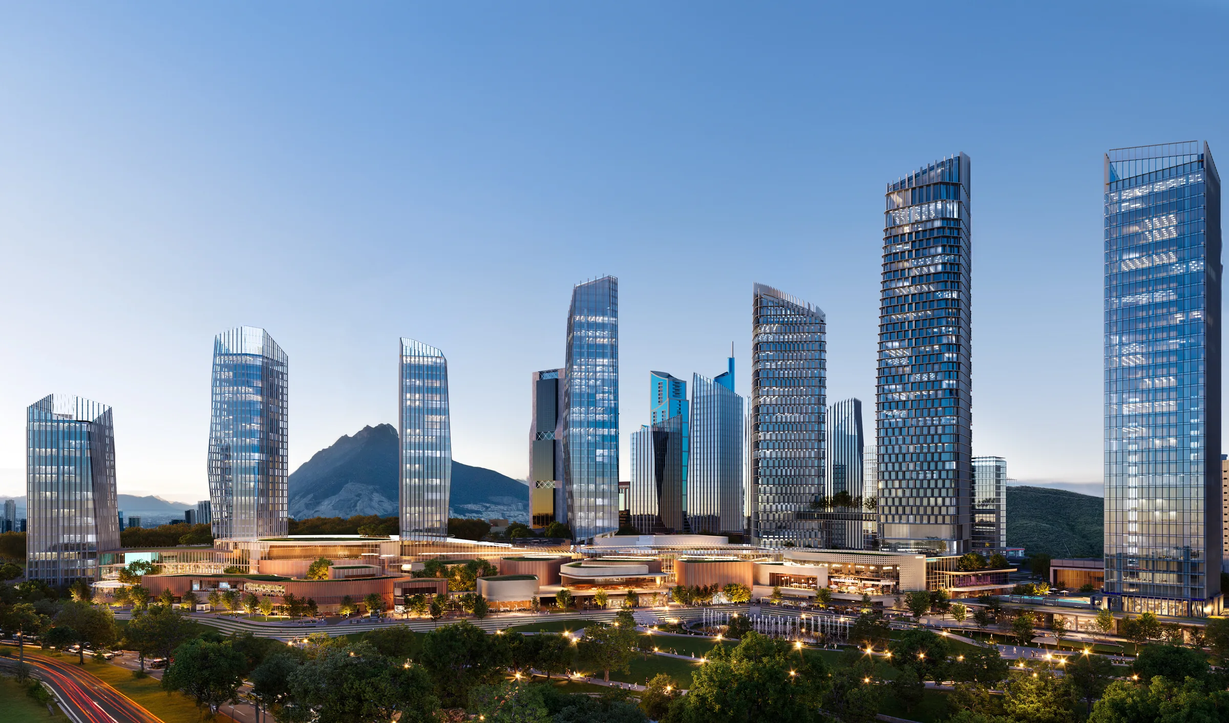 Render del distrito Zul con torres de usos mixtos al atardecer